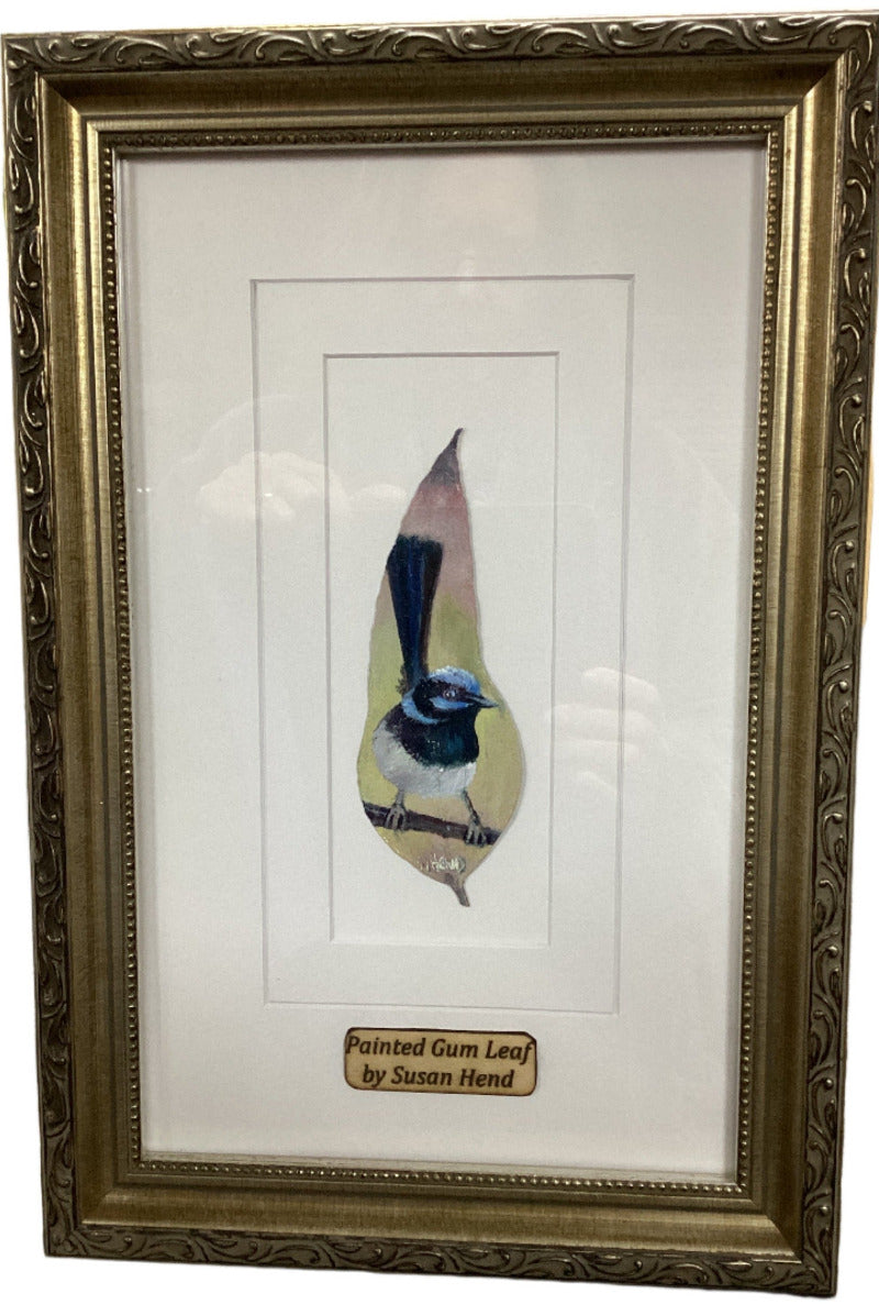 "Blue Wren" Hand Painted on Gum Leaf By Artist Sue Hend Russell-Hand Picked Imports