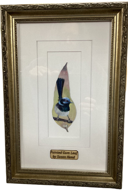 "Blue Wren" Hand Painted on Gum Leaf By Artist Sue Hend Russell-Hand Picked Imports