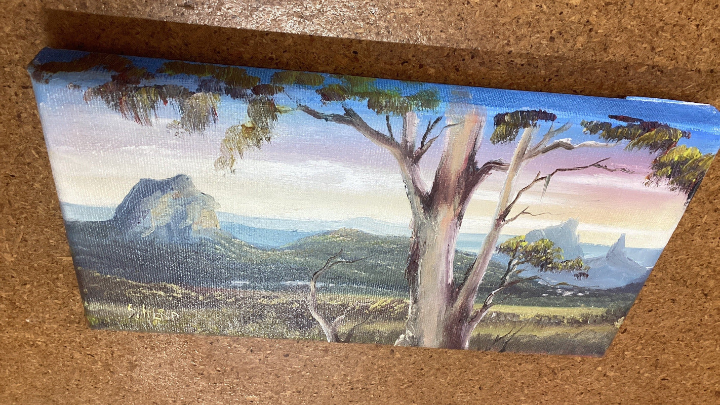 Glass House Mountains Mini Oil Painting On Stretched Canvas 10x 5” By Susan Hend Russell-Hand Picked Imports