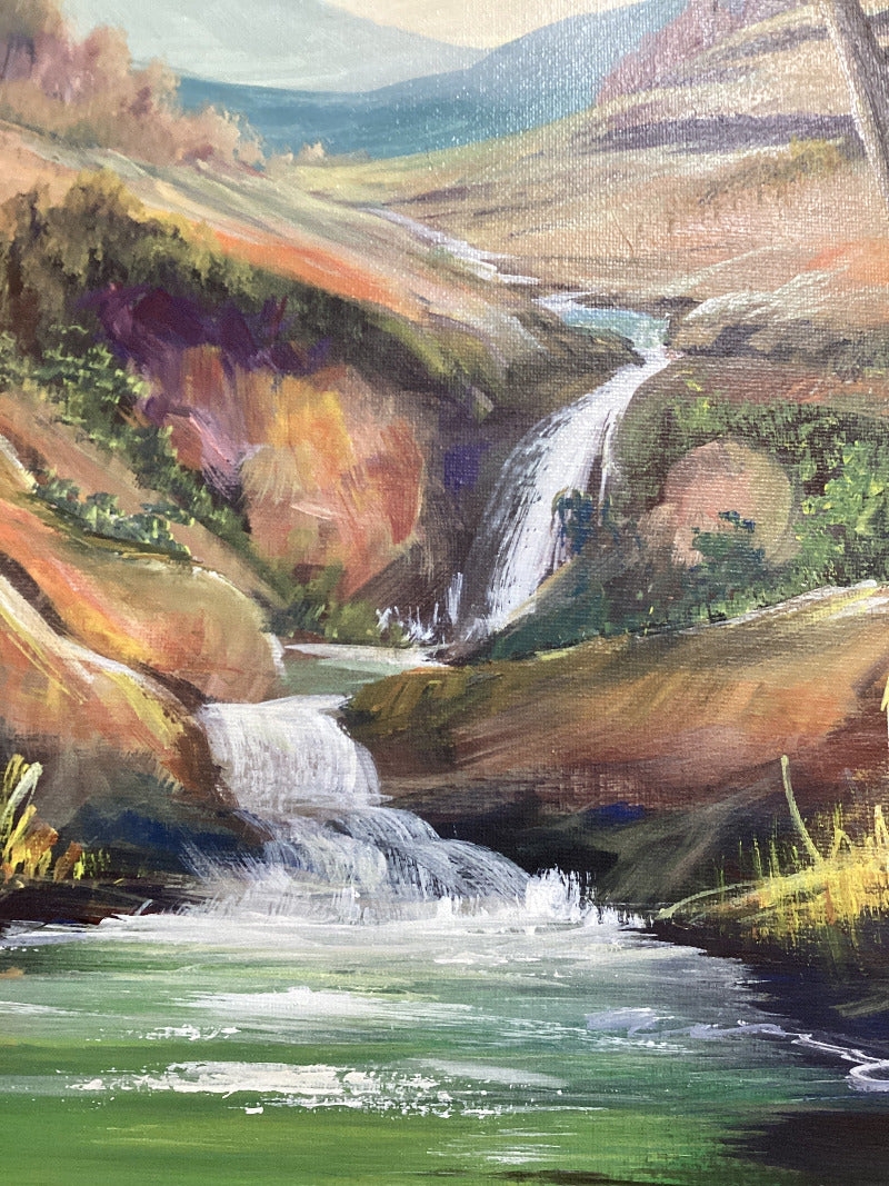 Framed Waterfall Painting on Stretched Canvas By Susan Hend Russell Canvas Size 16x20"-Hand Picked Imports