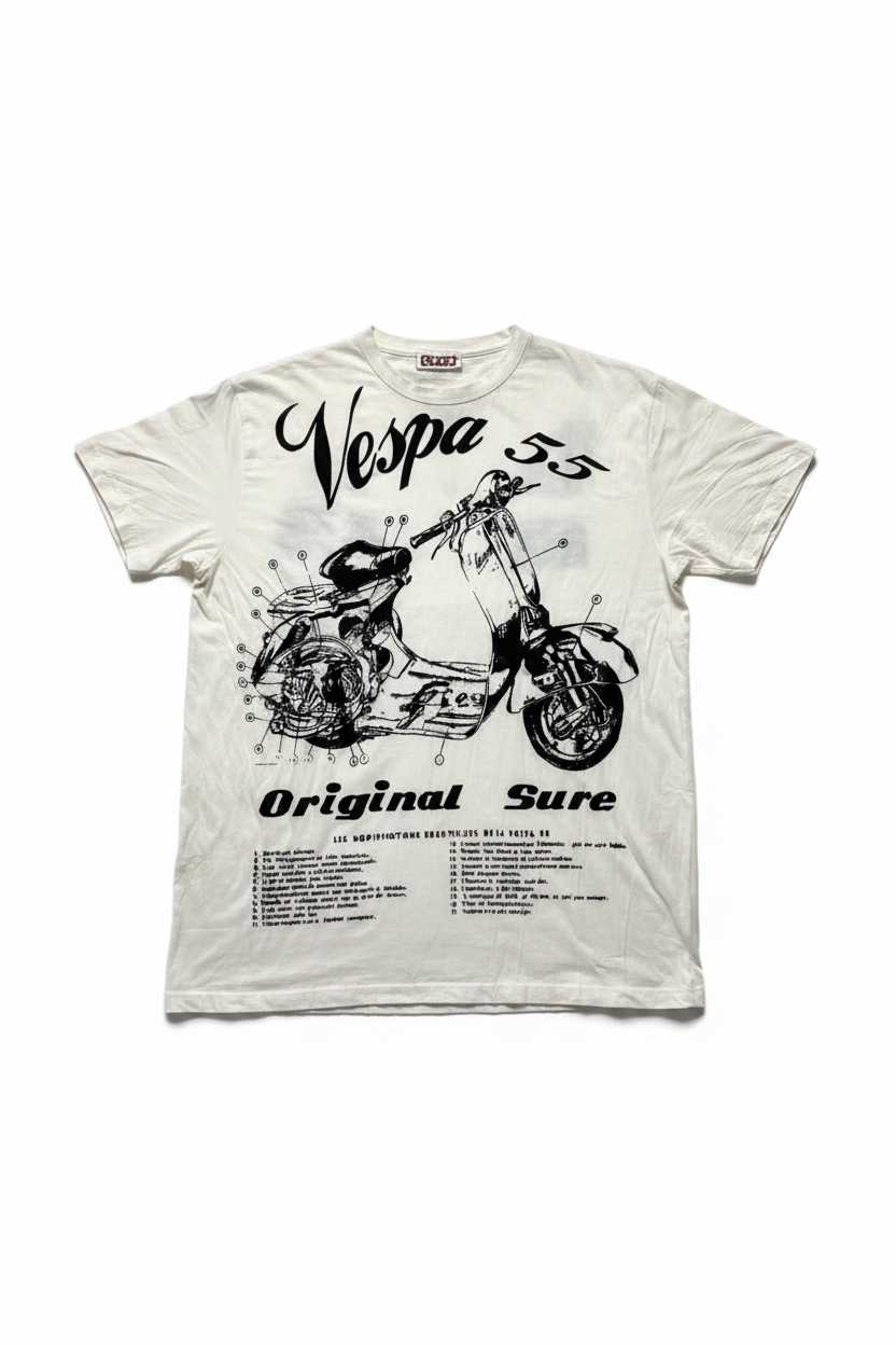 Men's Large Cream and Black Cotton Sure Vespa 55 T-Shirt-Hand Picked Imports