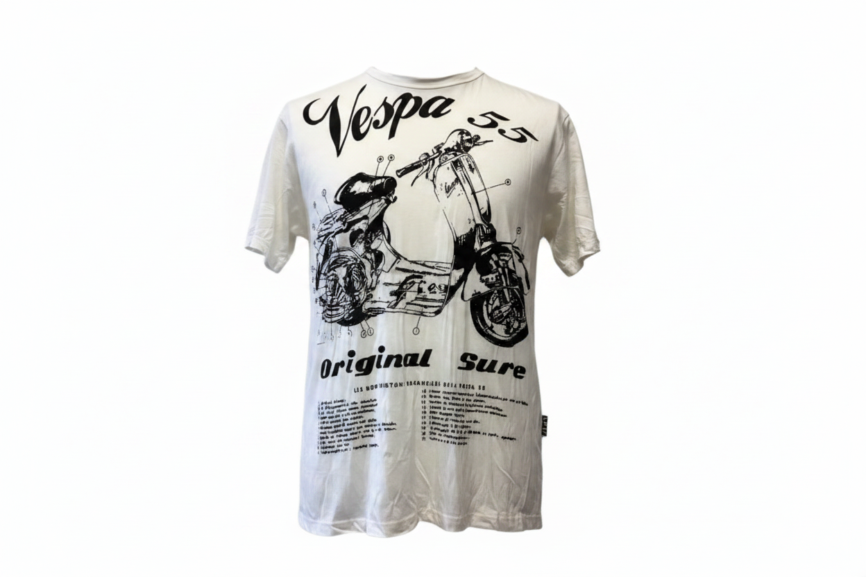 Men's Large Cream and Black Cotton Sure Vespa 55 T-Shirt-Hand Picked Imports