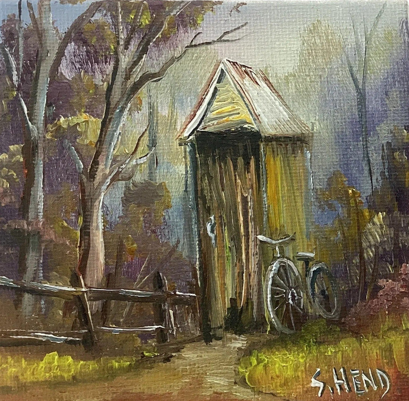 Miniature Oil on canvas with Old Australian Dunny + Easel By Susan Hend Russell Size 10x10cm-Hand Picked Imports