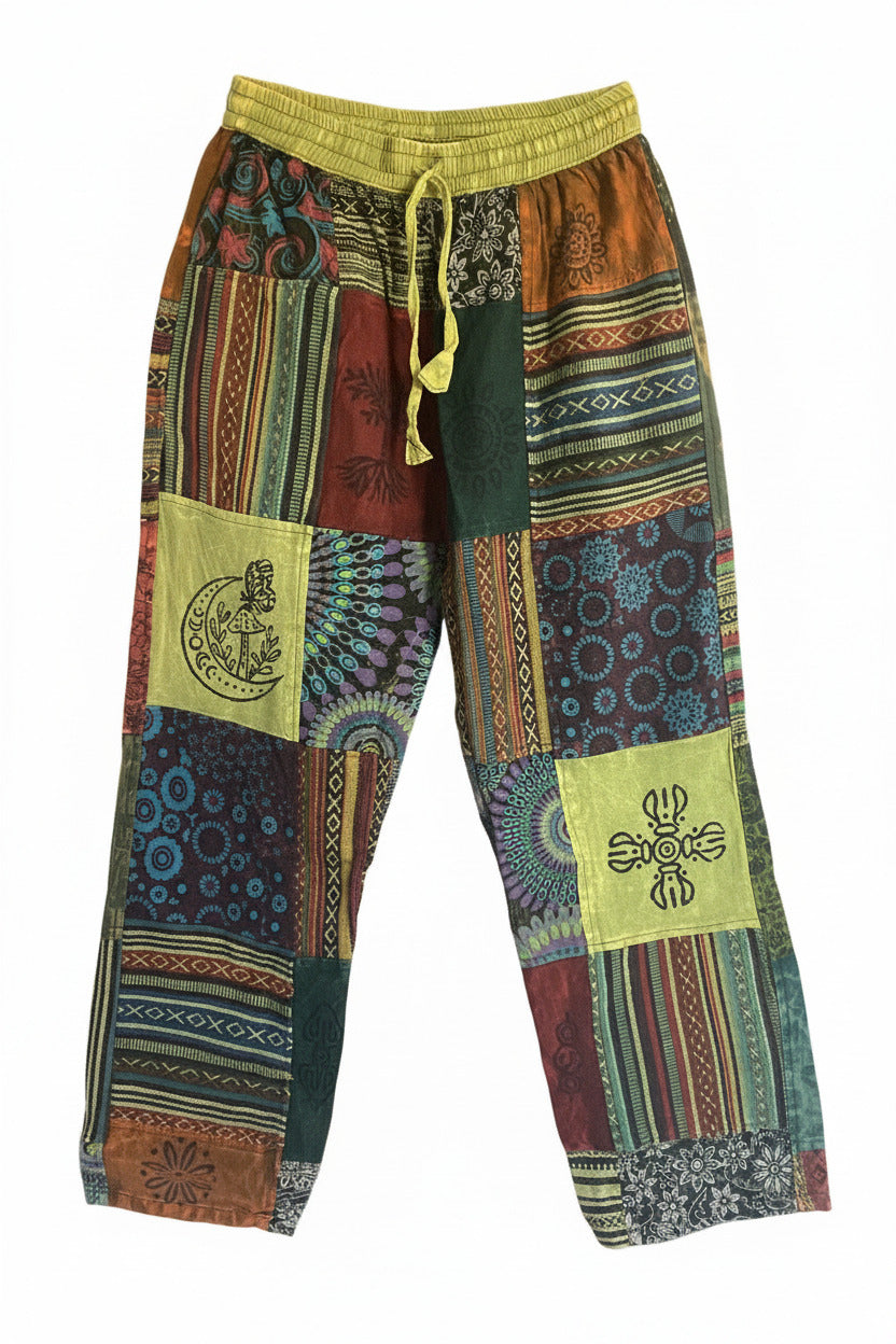 Men's/ Unisex Thick Cotton Size Medium Winter Patchwork Hippie Pants From Nepal-Hand Picked Imports