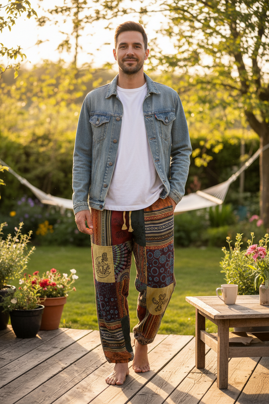 Men's/ Unisex Thick Cotton Size Medium Winter Patchwork Hippie Pants From Nepal-Hand Picked Imports