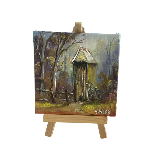 Miniature Oil on canvas with Old Australian Dunny + Easel By Susan Hend Russell Size 10x10cm-Hand Picked Imports