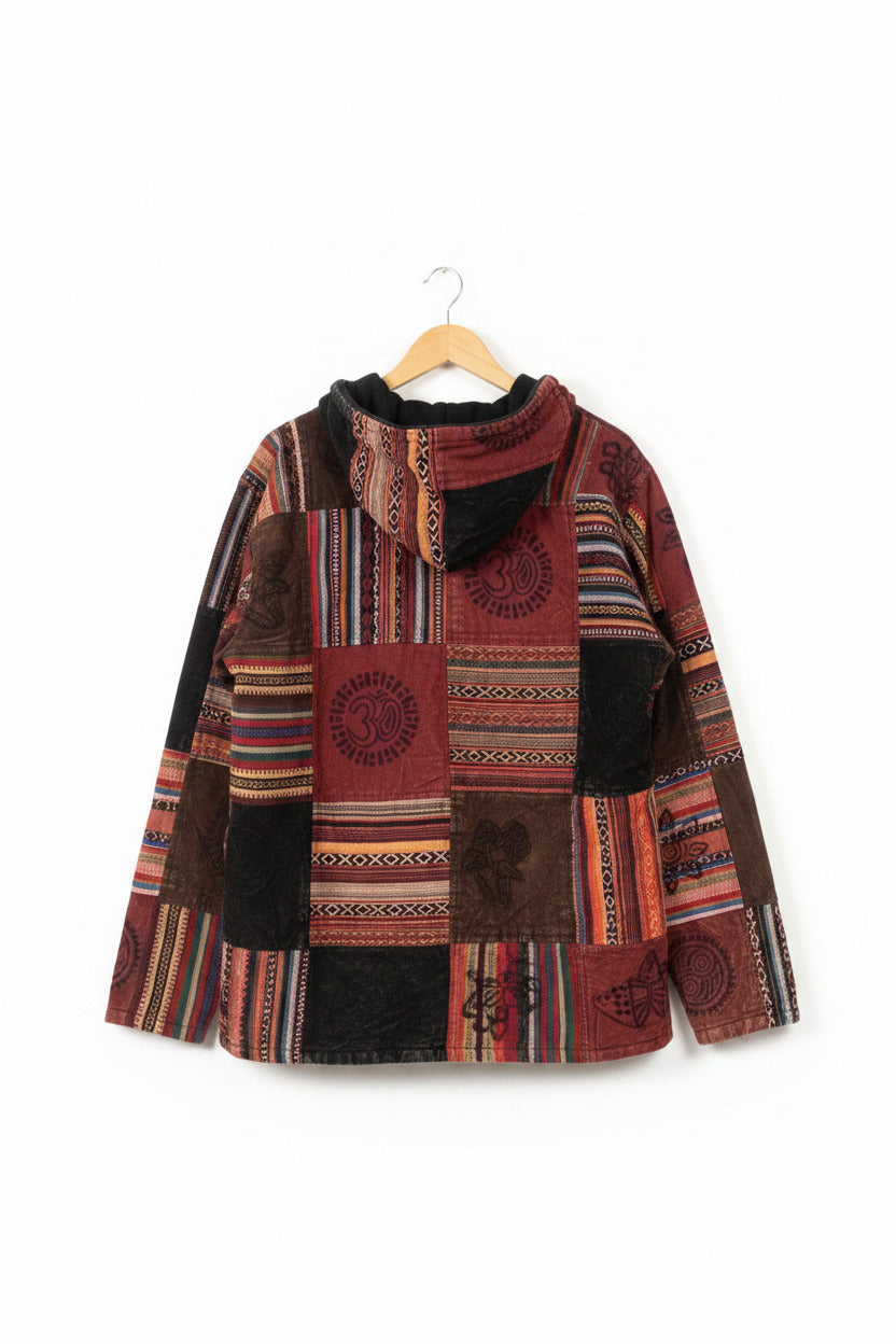 Unisex Red Cotton Lined Winter Patchwork Hippie Festival Jacket Size XL