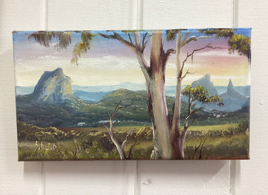 Glass House Mountains Mini Oil Painting On Stretched Canvas 10x 5” By Susan Hend Russell-Hand Picked Imports