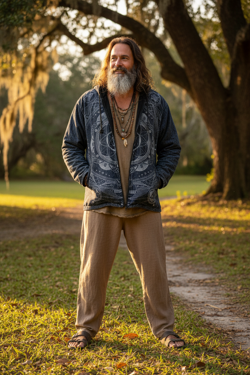 Men's Seed of Life Printed Stone Washed Hooded Hippie Festival Jacket Size XXL-Hand Picked Imports