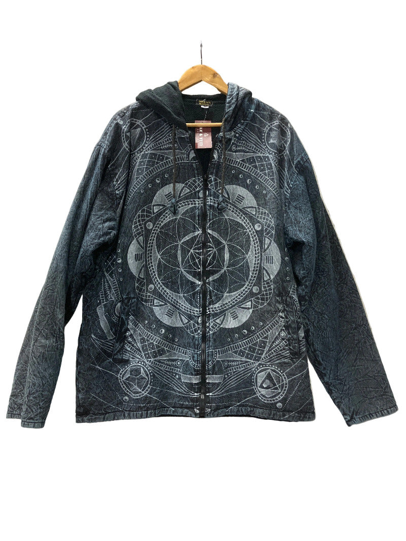 Men's Seed of Life Printed Stone Washed Hooded Hippie Festival Jacket Size XXL-Hand Picked Imports