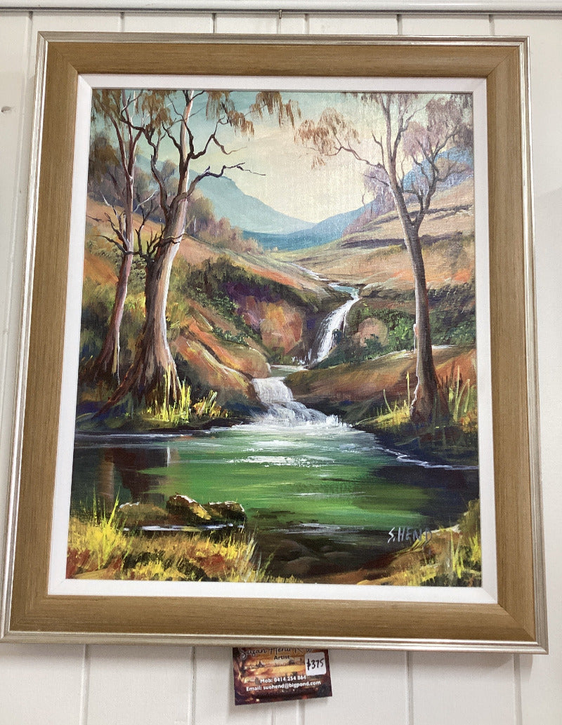 Framed Waterfall Painting on Stretched Canvas By Susan Hend Russell Canvas Size 16x20"-Hand Picked Imports