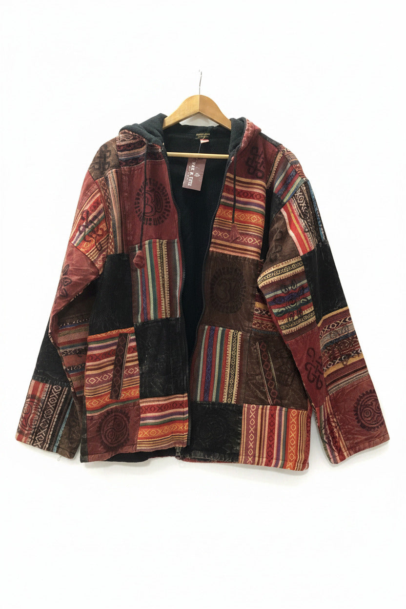 Unisex Red Cotton Lined Winter Patchwork Hippie Festival Jacket Size XL