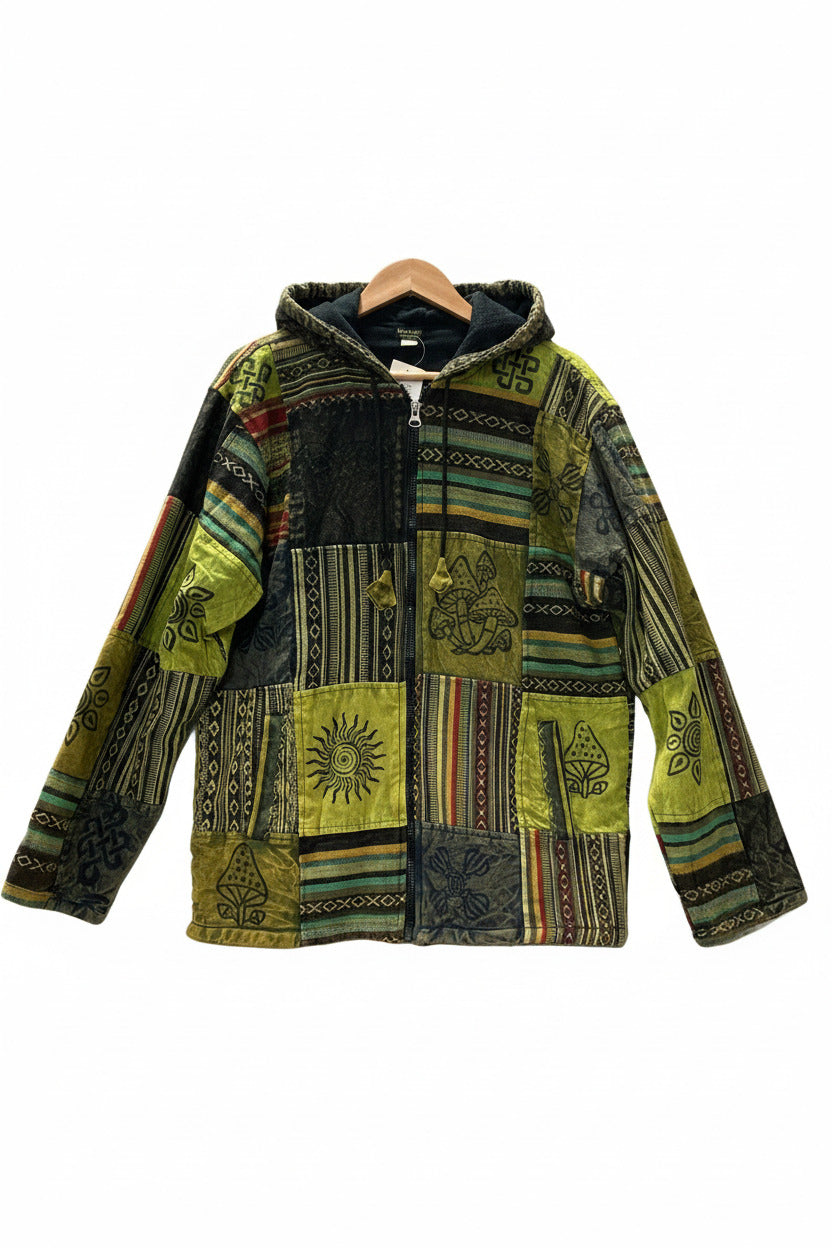 Unisex Green Cotton Lined Winter Patchwork Hippie Festival Jacket Size XL-Hand Picked Imports