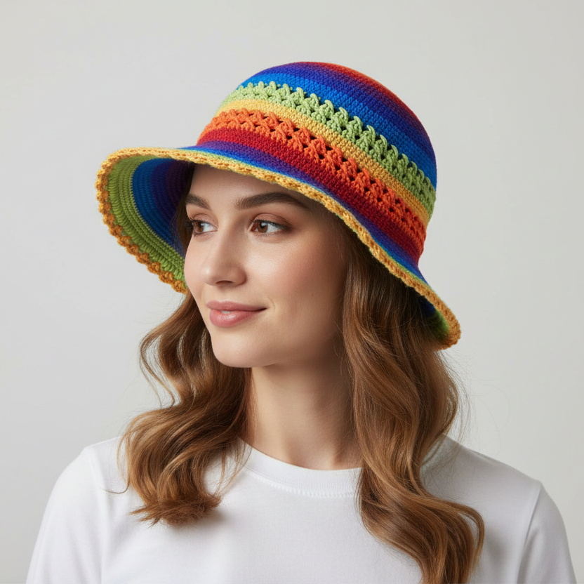Adult Ladies Cotton Rainbow Crochet Festival Sun Hat Handmade in Indonesia-Hand Picked Imports