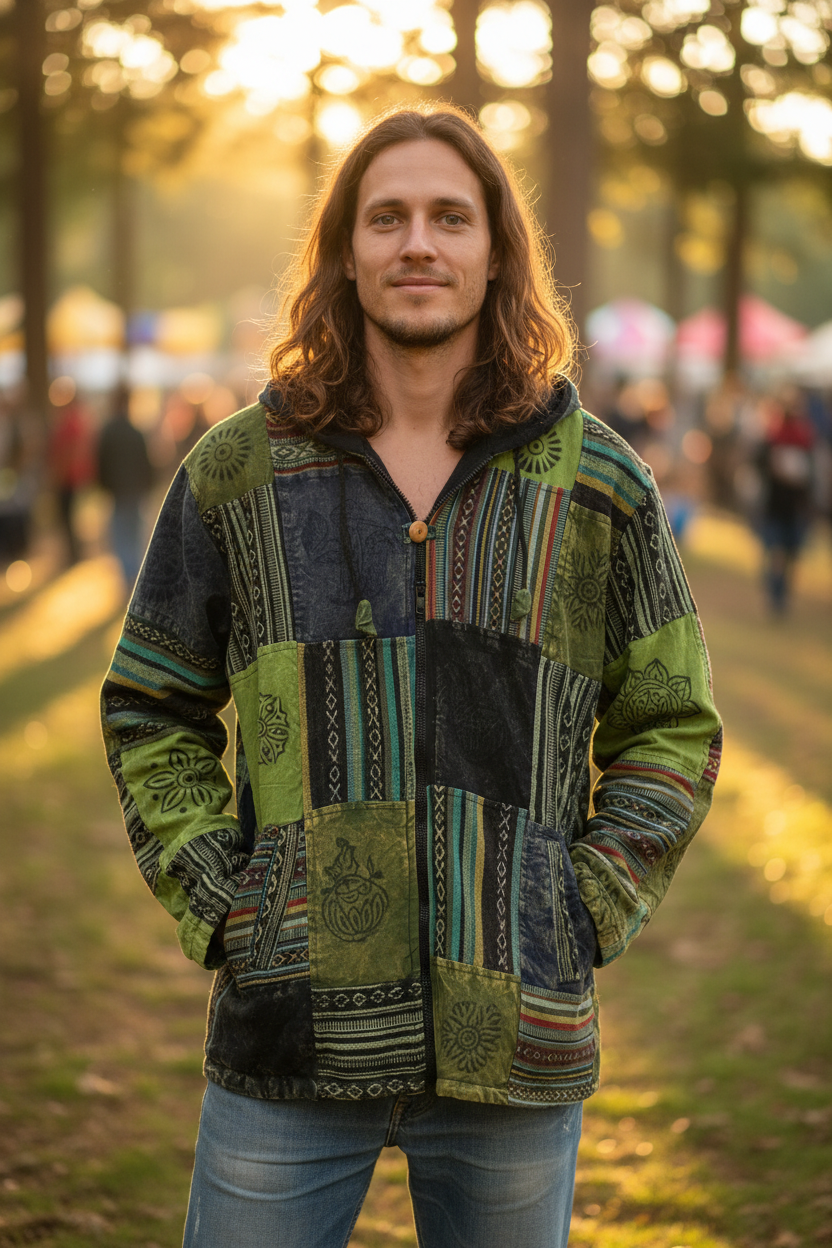 Unisex Green Cotton Lined Winter Patchwork Hippie Festival Jacket Size XXL-Hand Picked Imports