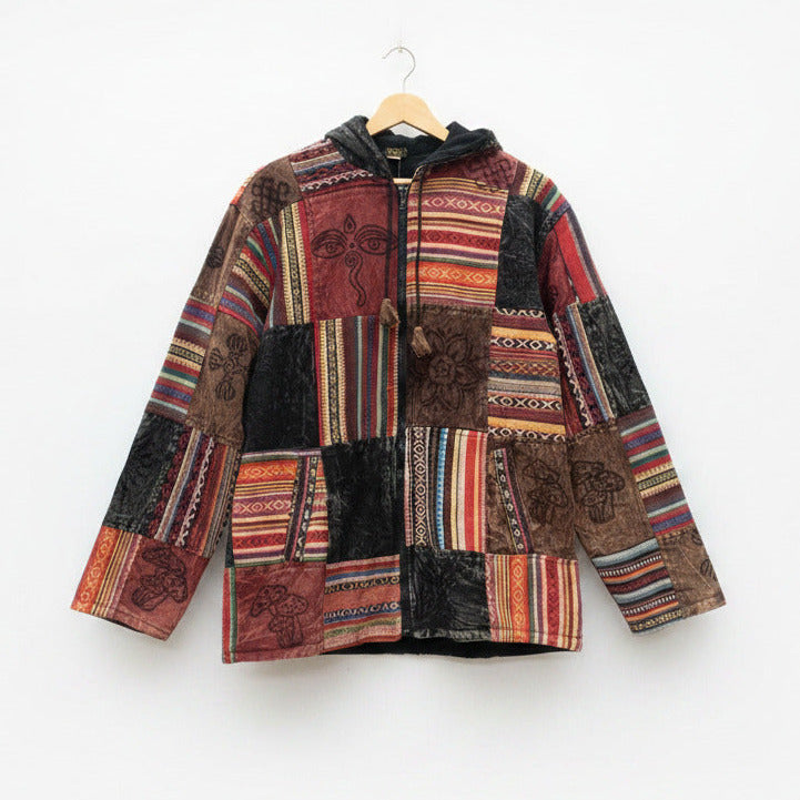 Unisex Red Cotton Lined Winter Patchwork Hippie Festival Jacket Size L-Hand Picked Imports
