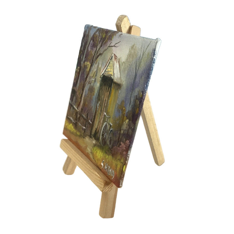 Miniature Oil on canvas with Old Australian Dunny + Easel By Susan Hend Russell Size 10x10cm-Hand Picked Imports