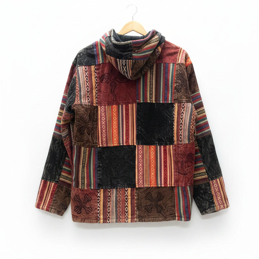 Unisex Red Cotton Lined Winter Patchwork Hippie Festival Jacket Size L-Hand Picked Imports