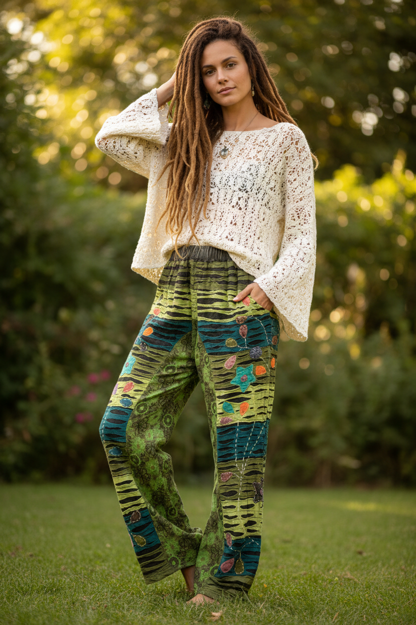 Ladies Green Razer Cut Hand Embroidered Hippie festival Winter Pants from Nepal-Hand Picked Imports