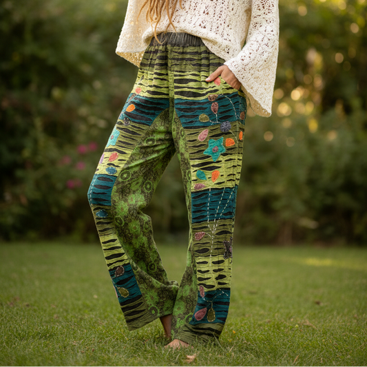 Ladies Green Razer Cut Hand Embroidered Hippie festival Winter Pants from Nepal-Hand Picked Imports