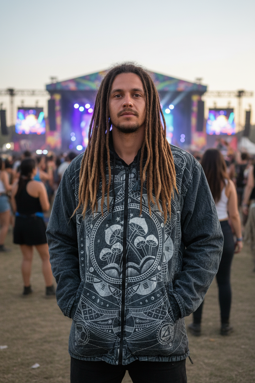 Men's Mushroom Printed Stone Washed Hippie Festival Jacket Size Large-Hand Picked Imports