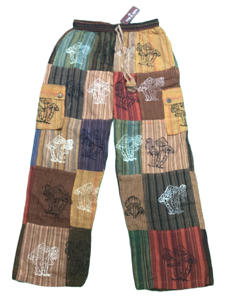 Men's/ Unisex Festive Cotton Mushroom Patchwork Cargo Pants Size L-Hand Picked Imports