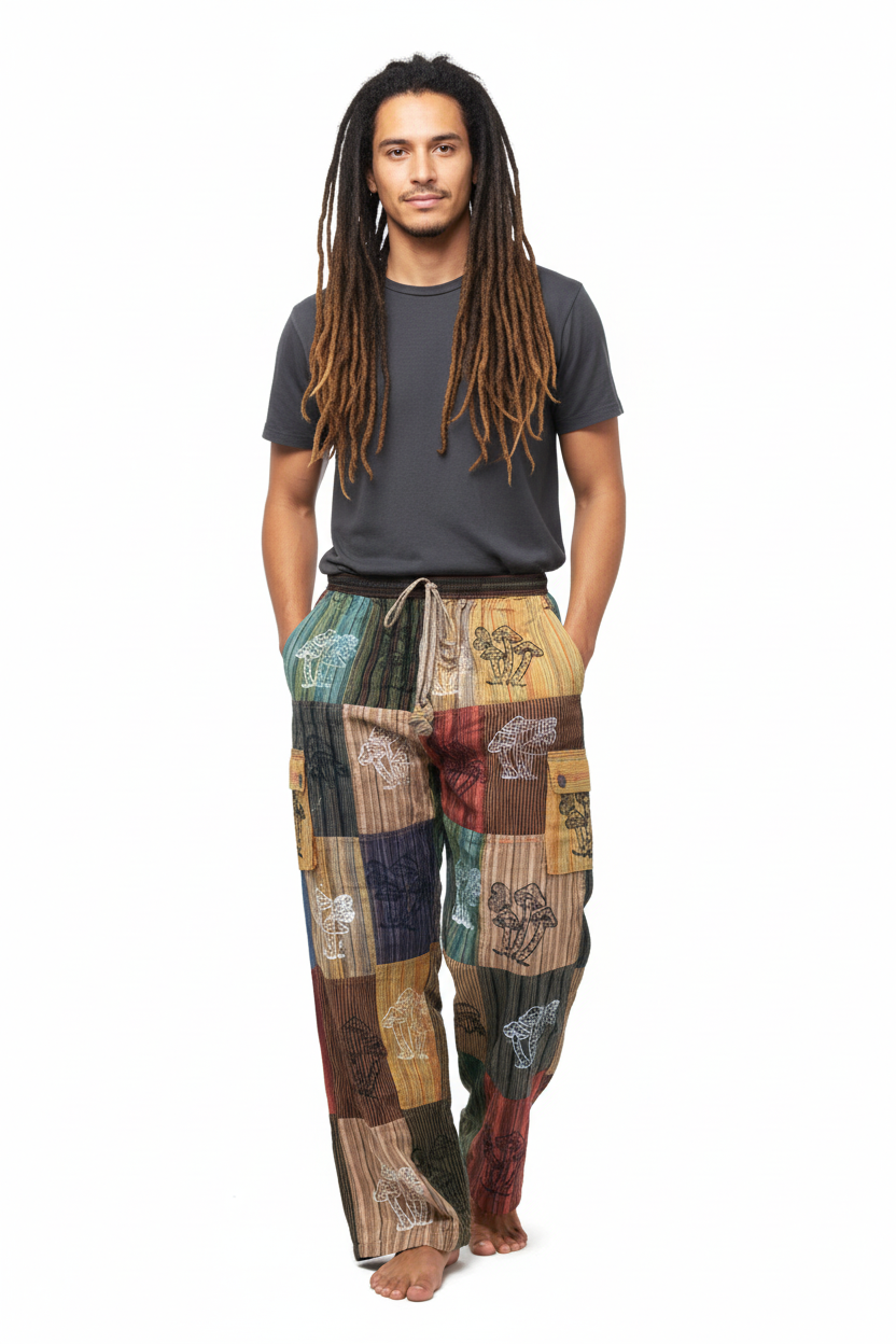Men's/ Unisex Festive Cotton Mushroom Patchwork Cargo Pants Size L-Hand Picked Imports