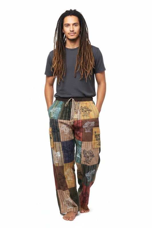 Men's/ Unisex Festive Cotton Mushroom Patchwork Cargo Pants Size L-Hand Picked Imports
