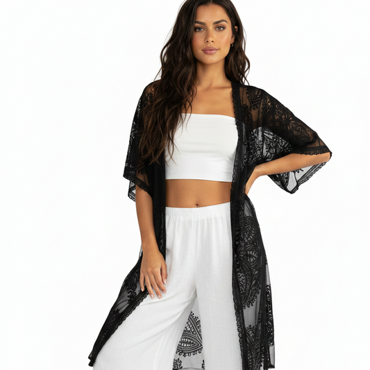 Ladies Long Black Lace Kimono Size 10 to 14-Hand Picked Imports