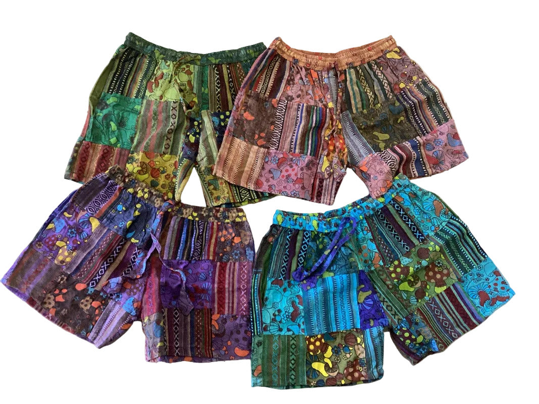Women's Cotton Patchwork Mushroom Shorts Handmade in Nepal-Hand Picked Imports