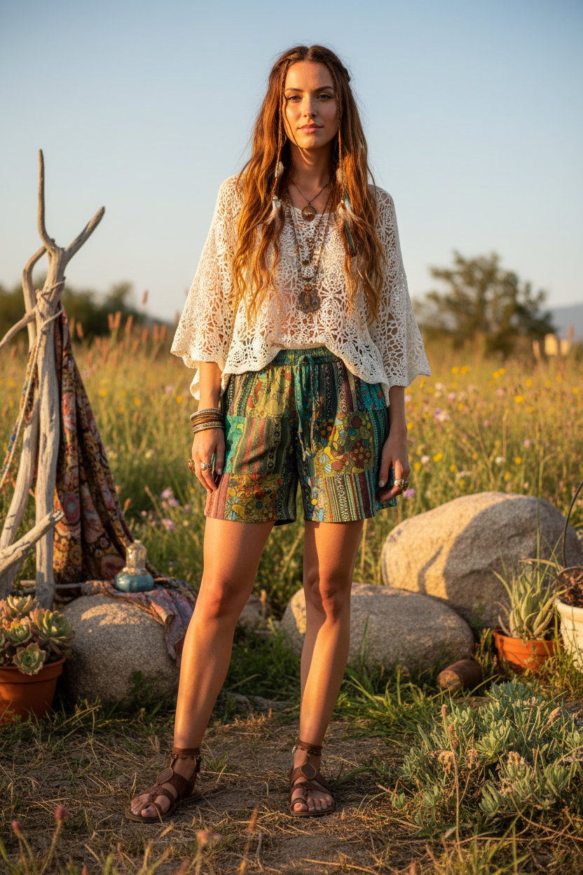 Women's Cotton Patchwork Mushroom Shorts Handmade in Nepal-Hand Picked Imports