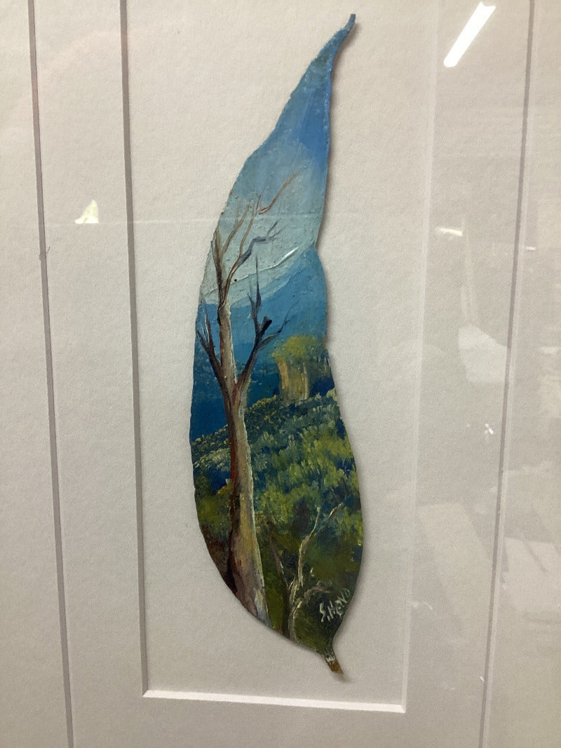 "Mountain Scene" Framed Hand Painted Gum Leaf By Artist Sue Hend Russell-Hand Picked Imports