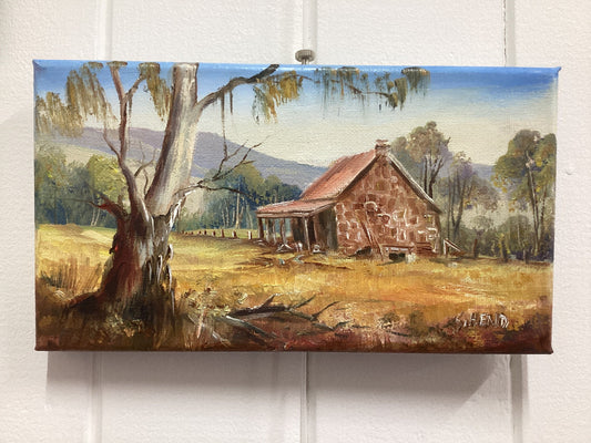 Old Stone House Mini Oil Painting On Stretched Canvas 10x 5” By Susan Hend Russell-Hand Picked Imports
