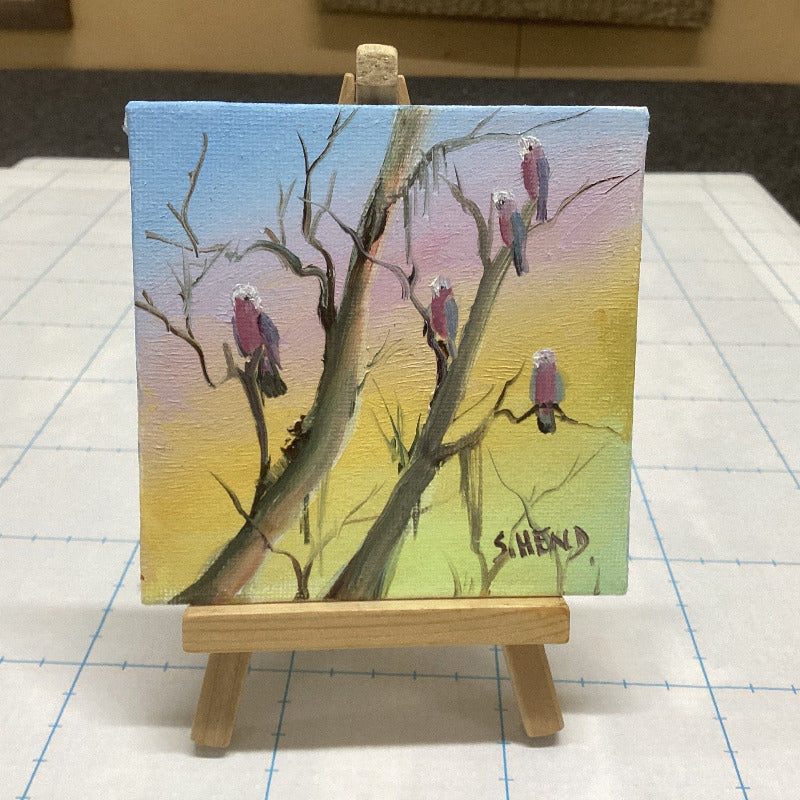 Miniature Oil on Canvas with Galahs + Easel By Susan Hend Russell Size 10x10cm-Hand Picked Imports