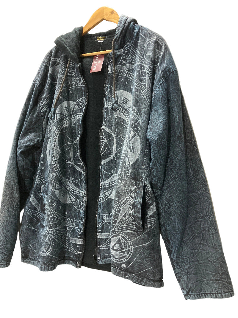 Men's Seed of Life Printed Stone Washed Hooded Hippie Festival Jacket Size XXL-Hand Picked Imports