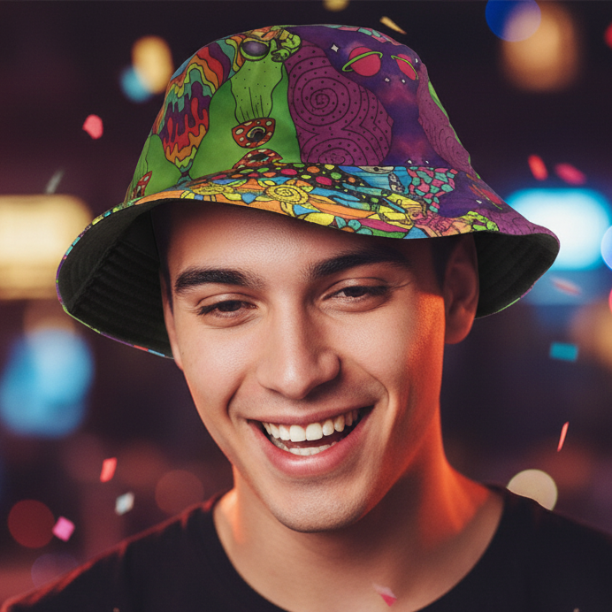 Groovey Unisex Reversible Cotton Printed Trippy Festival Bucket Hat-Hand Picked Imports