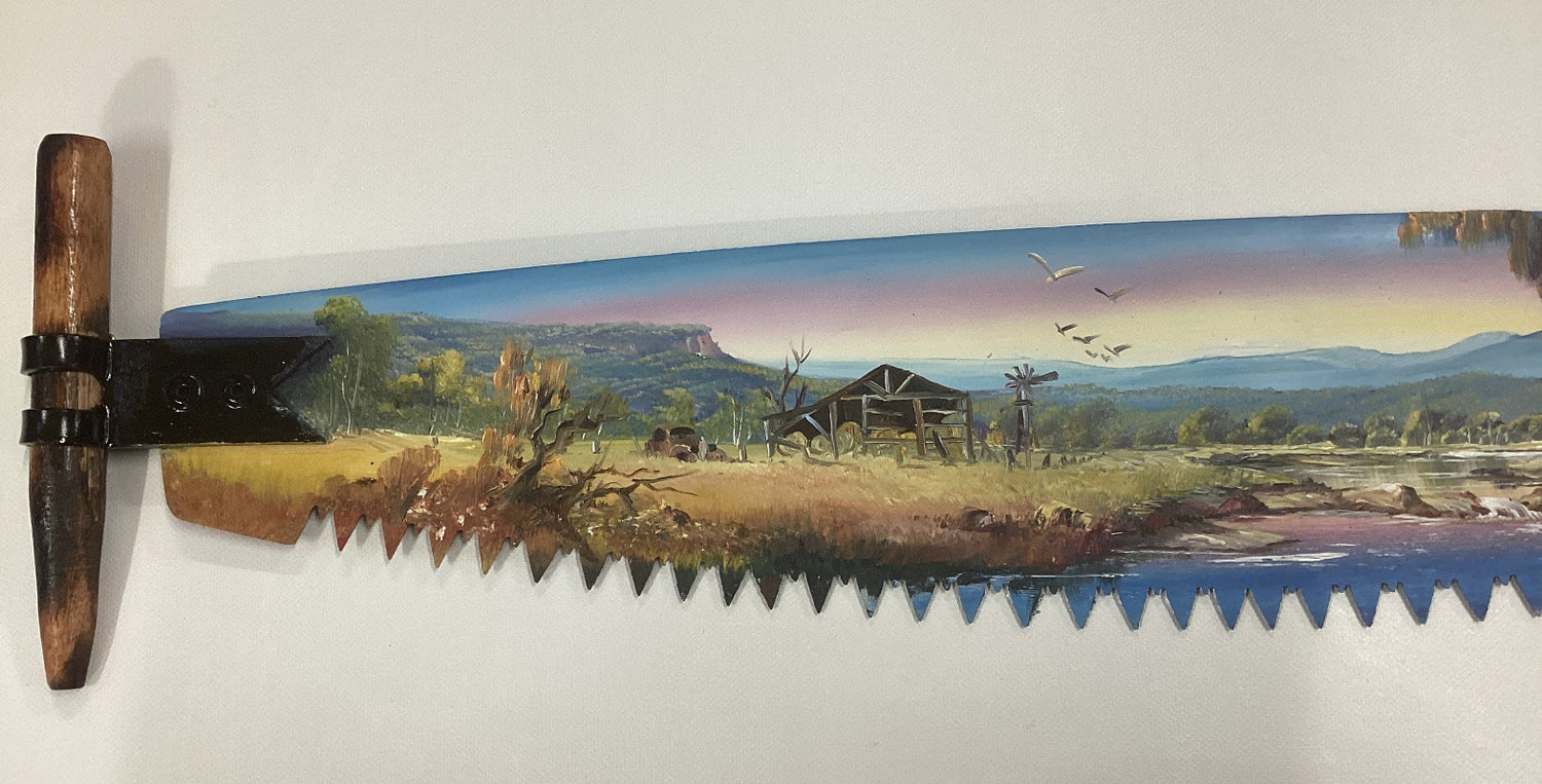 "Woolshed" By Artist Susan Hend Russell Hand Painted Miniature Crosscut Saw 66 x 11 cm-Hand Picked Imports
