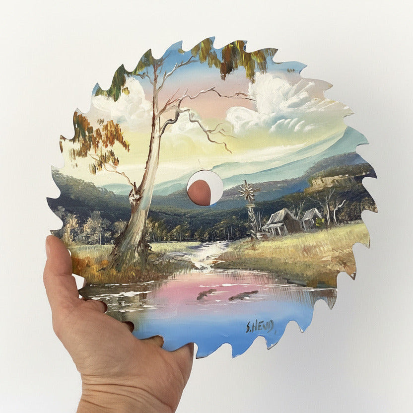 Hand-Painted Metal Saw Artwork: Australian Homestead by Susan Hend Russell