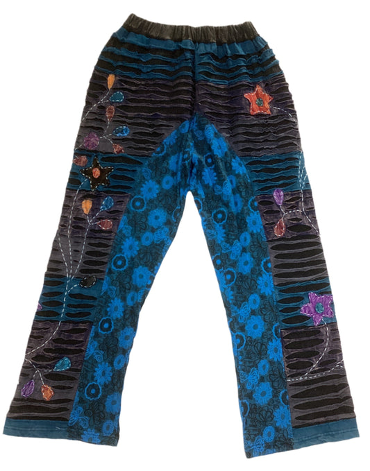 Blue Razer Cut Hand Embroidered Hippie festival Winter Pants from Nepal-Hand Picked Imports