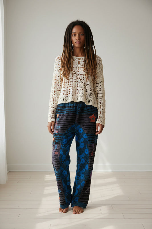 Ladies Blue Razer Cut Hand Embroidered Hippie festival Winter Pants from Nepal Size M-Hand Picked Imports