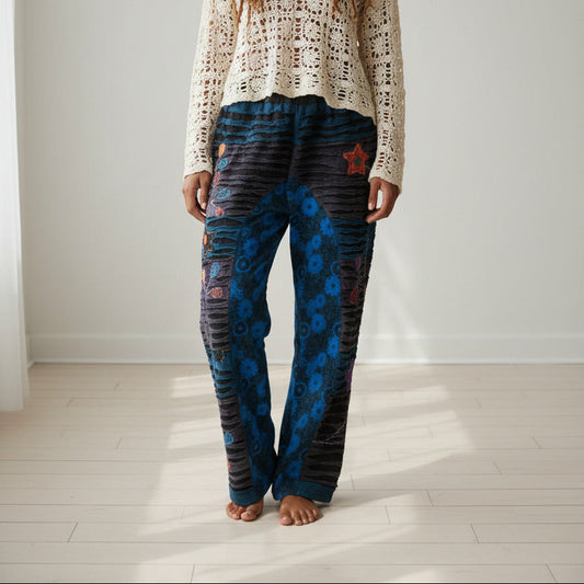 Ladies Blue Razer Cut Hand Embroidered Hippie festival Winter Pants from Nepal Size M-Hand Picked Imports