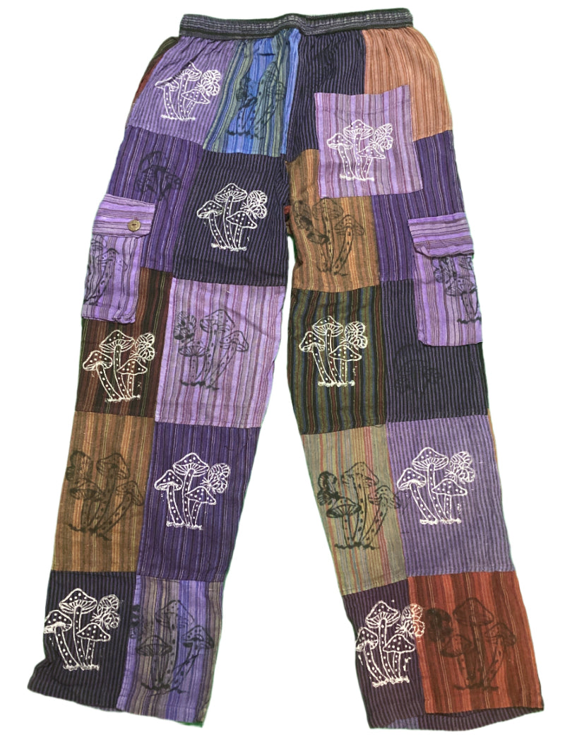 Men's/ Unisex Festive Cotton Mushroom Patchwork Cargo Pants Size Medium-Hand Picked Imports
