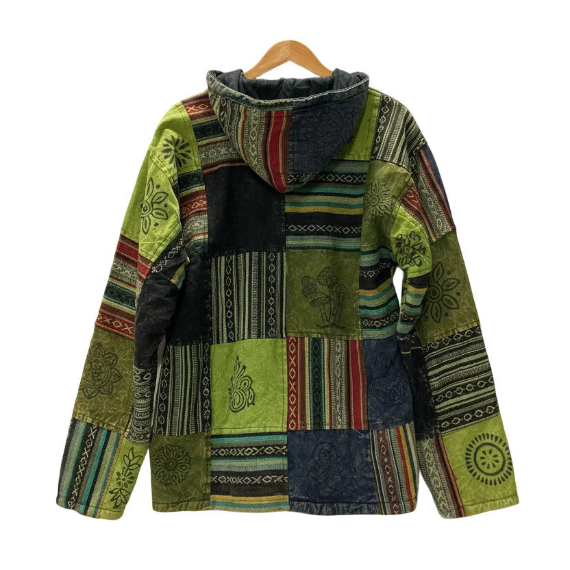 Unisex Green Cotton Lined Winter Patchwork Hippie Festival Jacket Size XXL-Hand Picked Imports