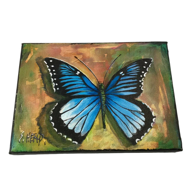 "Blue Butterfly" Miniature Oil Painting On Stretched Canvas 7x 5” By Susan Hend Russell-Hand Picked Imports
