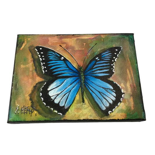 "Blue Butterfly" Miniature Oil Painting On Stretched Canvas 7x 5” By Susan Hend Russell-Hand Picked Imports