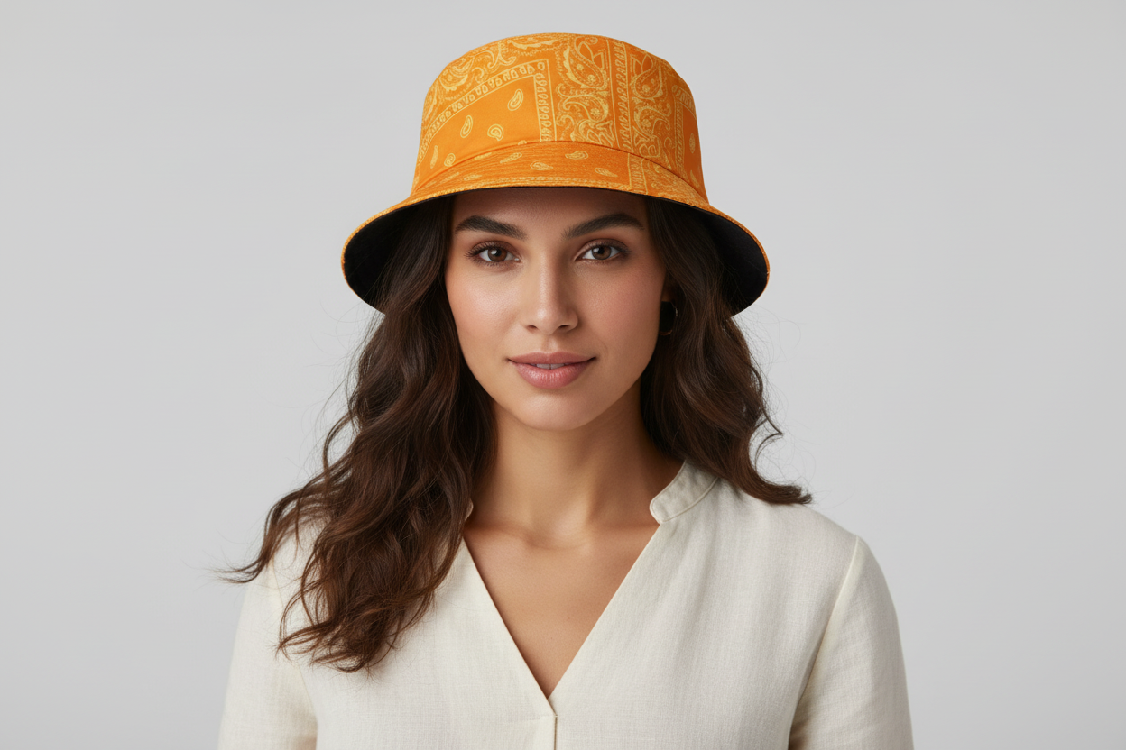 Funky Unisex Reversible Orange Paisley Printed Festival Party Bucket Hat-Hand Picked Imports