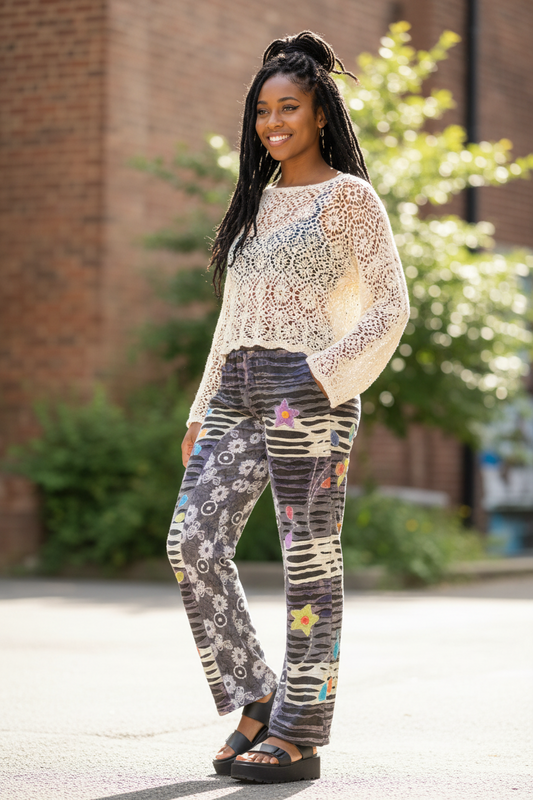 Ladies Razer Cut Hand Embroidered Hippie festival Winter Pants from Nepal Size L-Hand Picked Imports