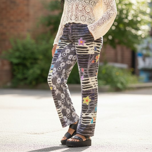Ladies Razer Cut Hand Embroidered Hippie festival Winter Pants from Nepal Size L-Hand Picked Imports