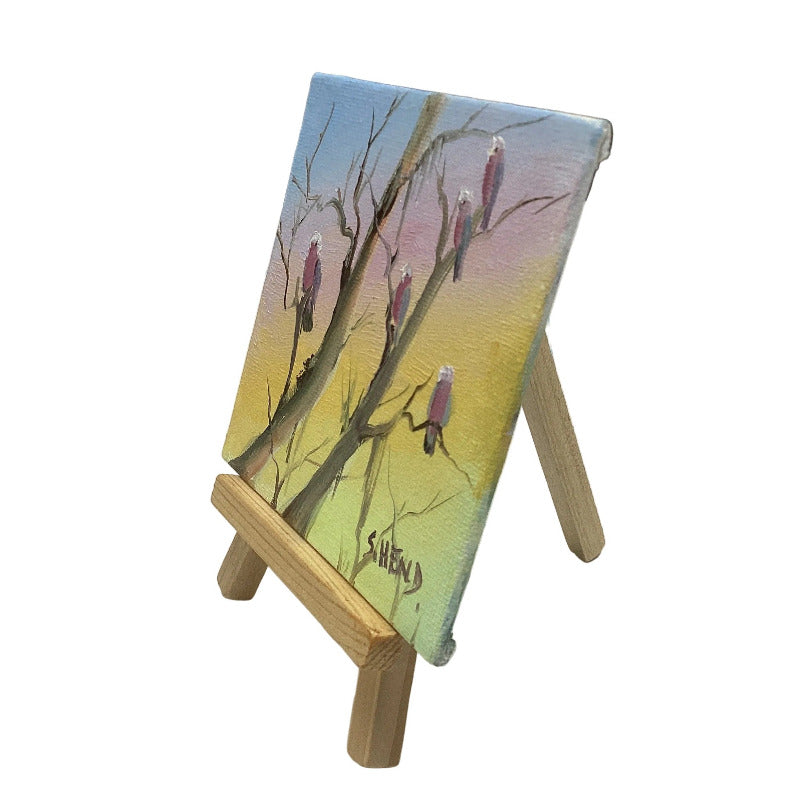 Miniature Oil on Canvas with Galahs + Easel By Susan Hend Russell Size 10x10cm-Hand Picked Imports