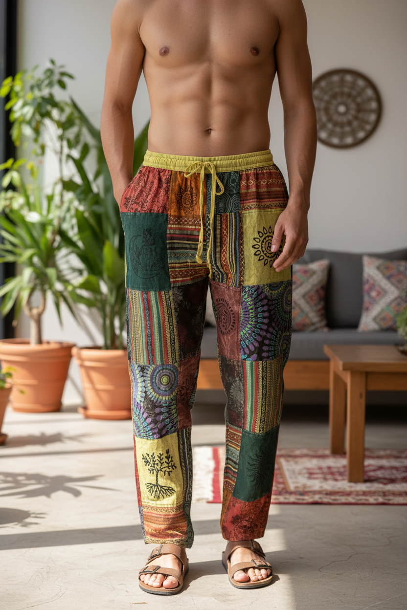 Men's/ Unisex Thick Cotton Size Large Winter Patchwork Hippie Pants From Nepal-Hand Picked Imports
